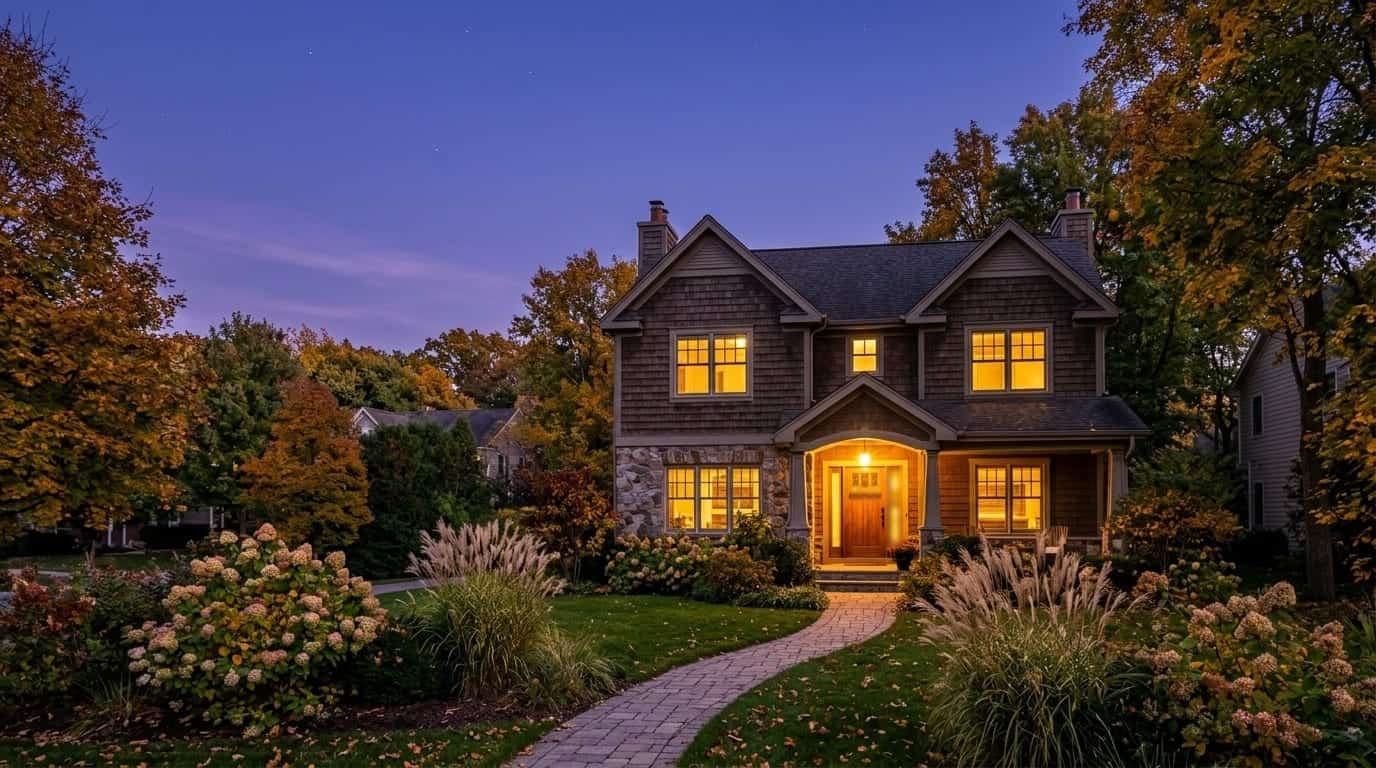 A family home at dusk with warm light glowing in the windows