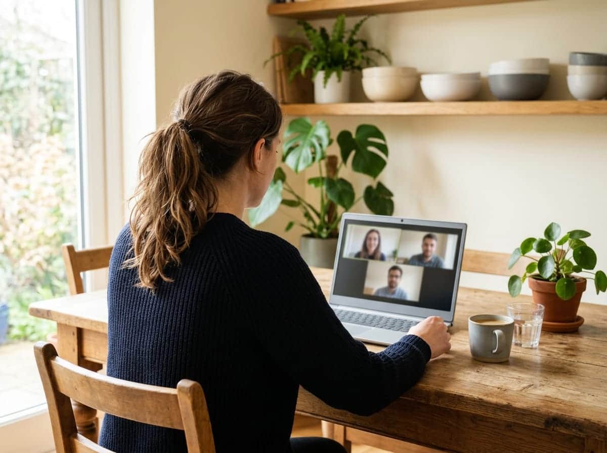 Someone on a video call at a kitchen table